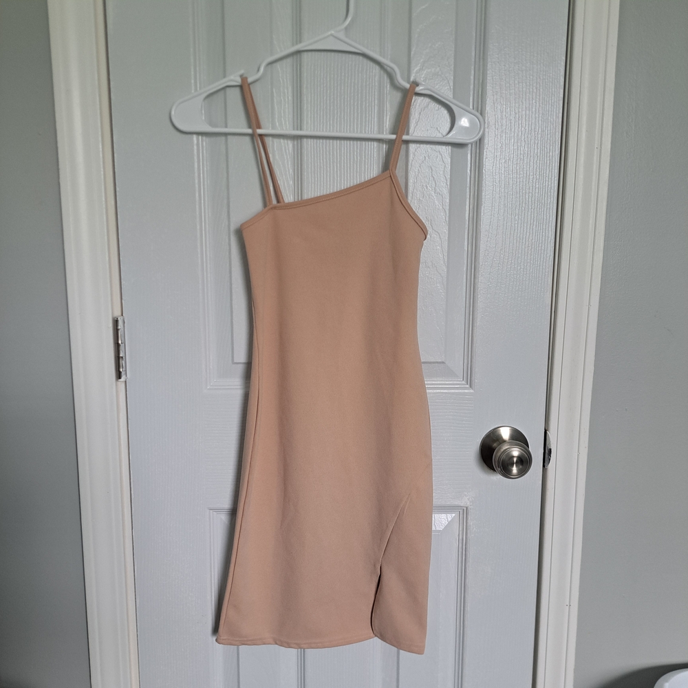 PrettyLittleThing Nude Asymmetrical Slip Dress